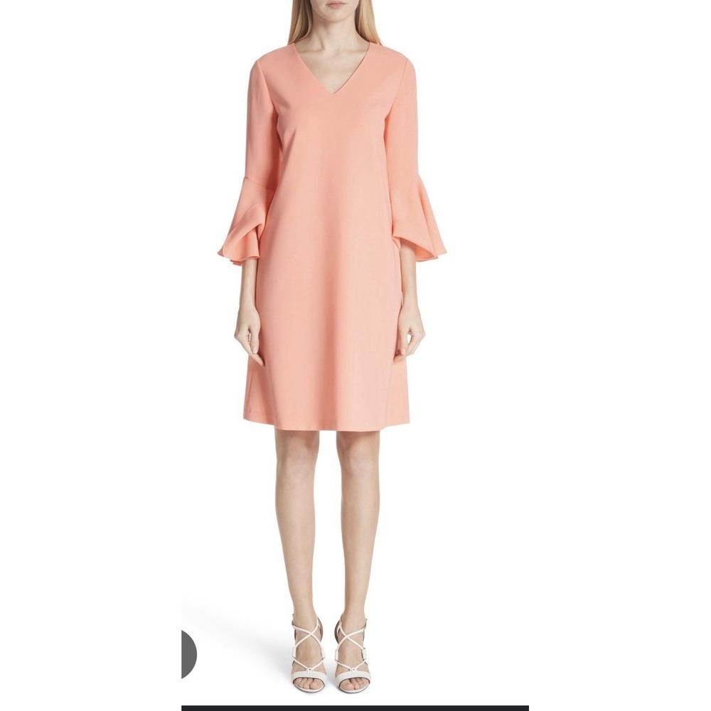 LAFAYETTE 148 Dress New York Coral Ponte Knit Holly Bell Flare Cuff Sleeve SZ XL